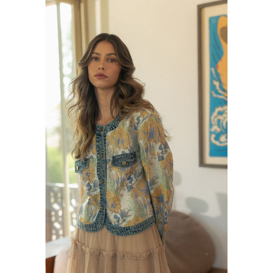 Annie Wear Floral Jacquard Denim Contrast Button Down Jacket Gold Combo / S Apparel and Accessories