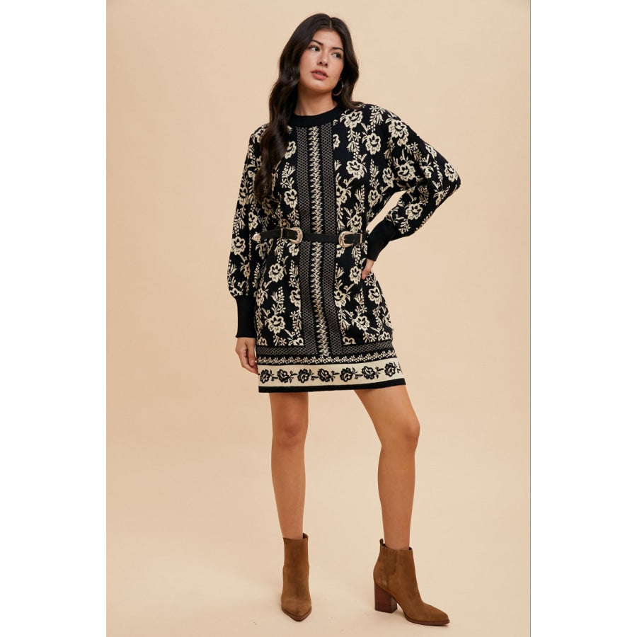 Annie Wear Floral Jacquard Round Neck Sweater Dress Apparel and Accessories