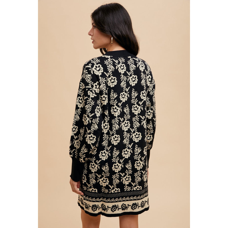 Annie Wear Floral Jacquard Round Neck Sweater Dress Black/Oatmeal / S Apparel and Accessories