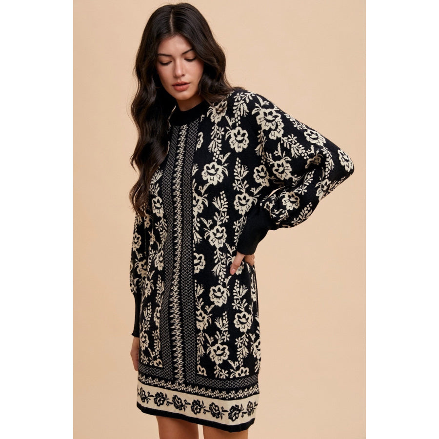 Annie Wear Floral Jacquard Round Neck Sweater Dress Apparel and Accessories