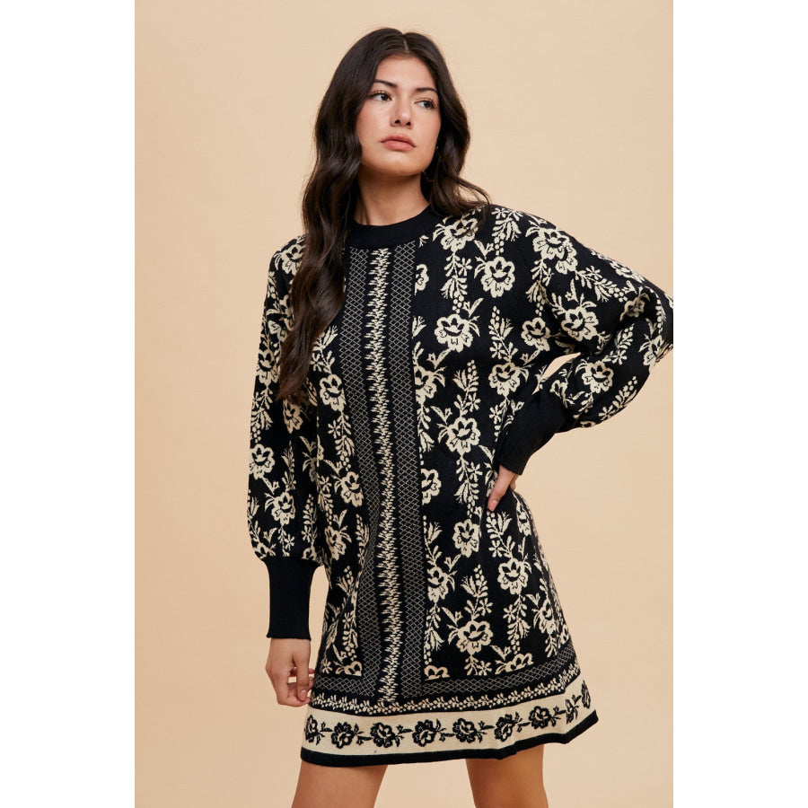 Annie Wear Floral Jacquard Round Neck Sweater Dress Apparel and Accessories