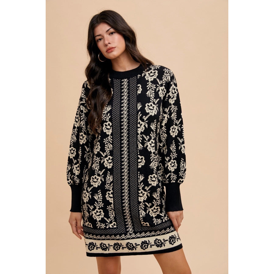 Annie Wear Floral Jacquard Round Neck Sweater Dress Black/Oatmeal / S Apparel and Accessories