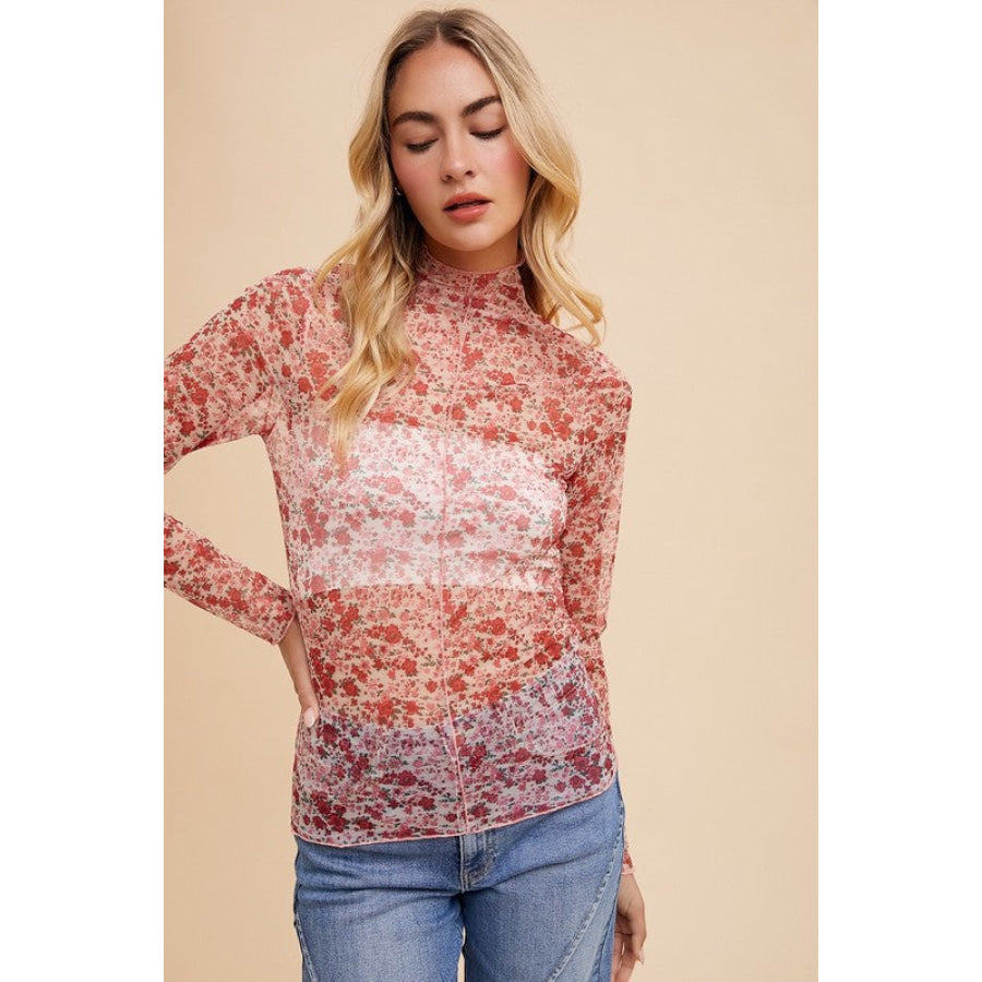 Annie Wear Floral Lettuce Hem Sheer Mesh Top Apparel and Accessories