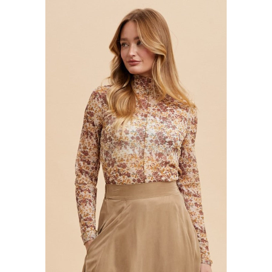 Annie Wear Floral Lettuce Hem Sheer Mesh Top Ivory/Gold / S Apparel and Accessories