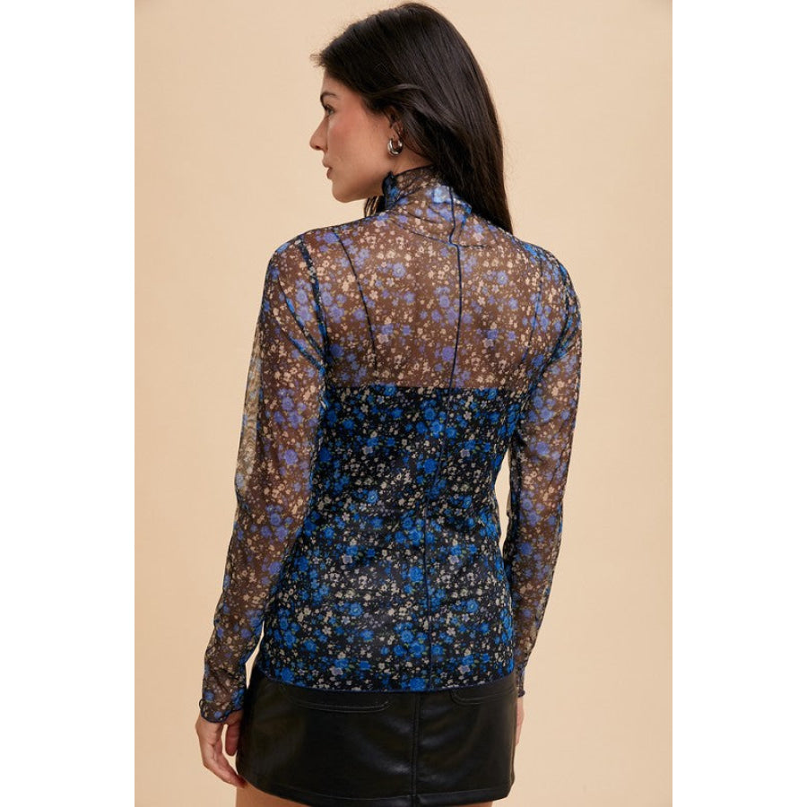 Annie Wear Floral Lettuce Hem Sheer Mesh Top Black/Blue / S Apparel and Accessories