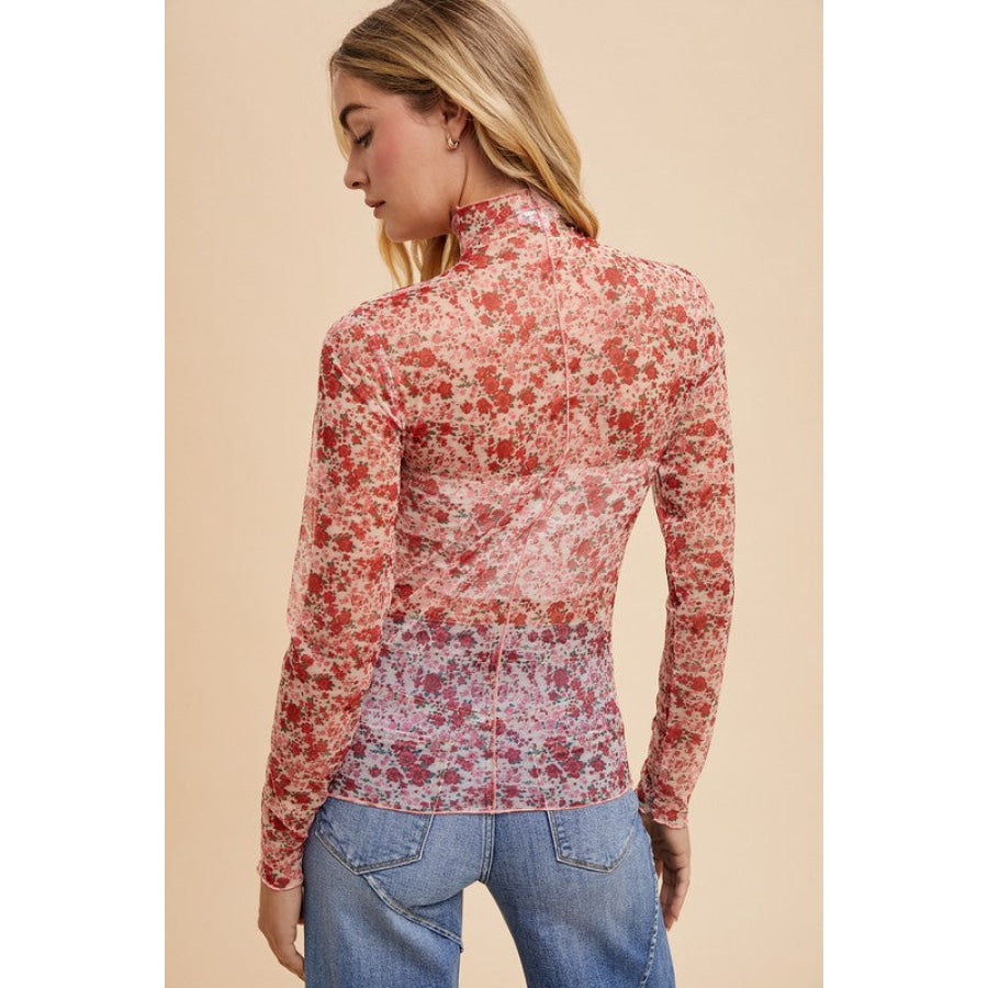 Annie Wear Floral Lettuce Hem Sheer Mesh Top Apparel and Accessories