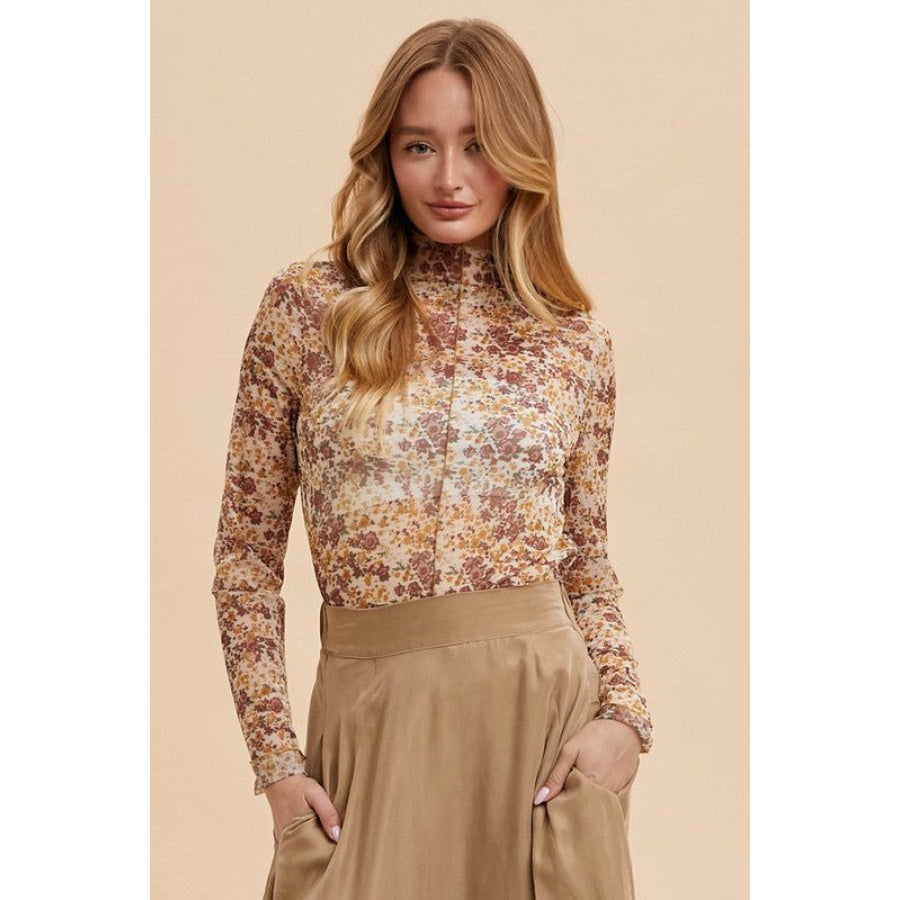 Annie Wear Floral Lettuce Hem Sheer Mesh Top Ivory/Gold / S Apparel and Accessories