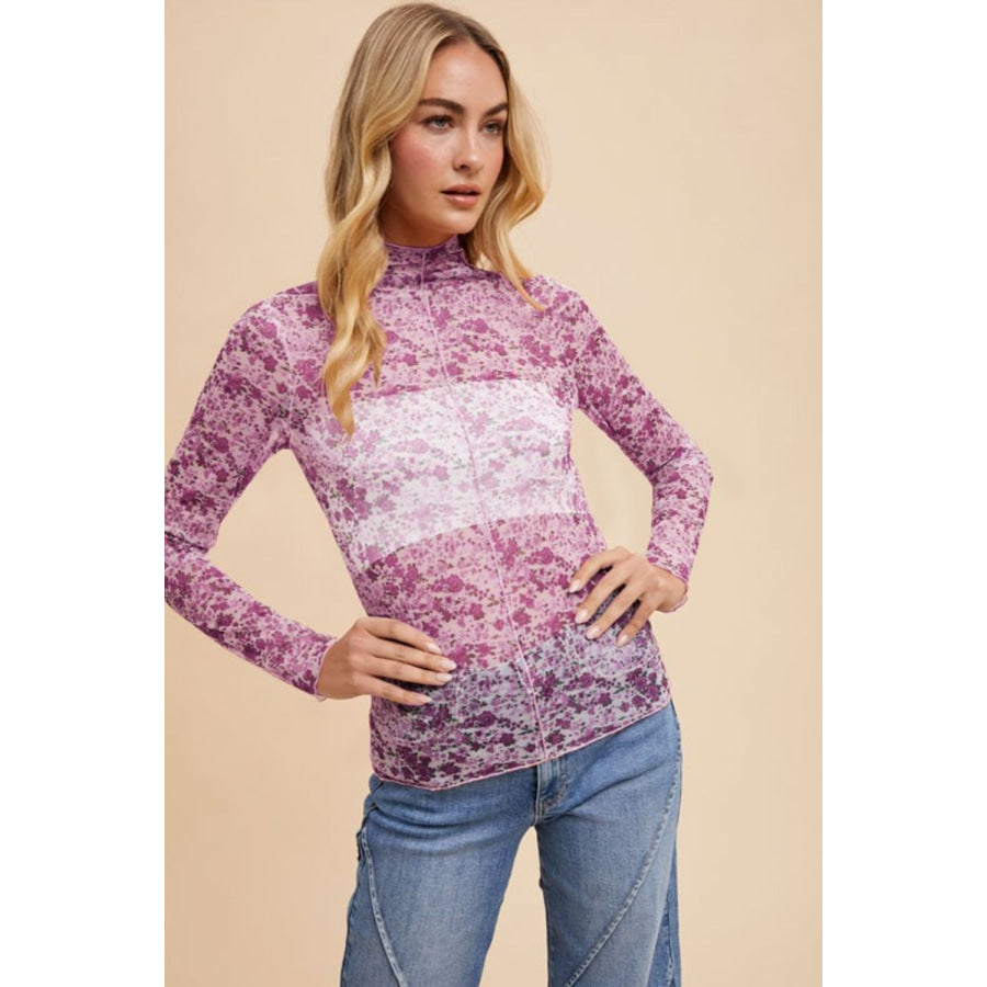 Annie Wear Floral Lettuce Hem Sheer Mesh Top Ivory/Purple / S Apparel and Accessories