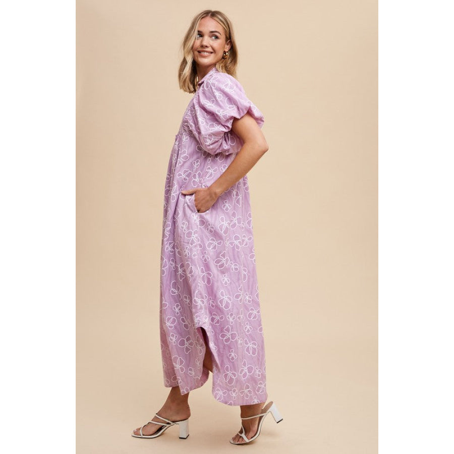 Annie Wear Floral Smock Detail Puff Sleeve Dress Pink Purple / S Apparel and Accessories