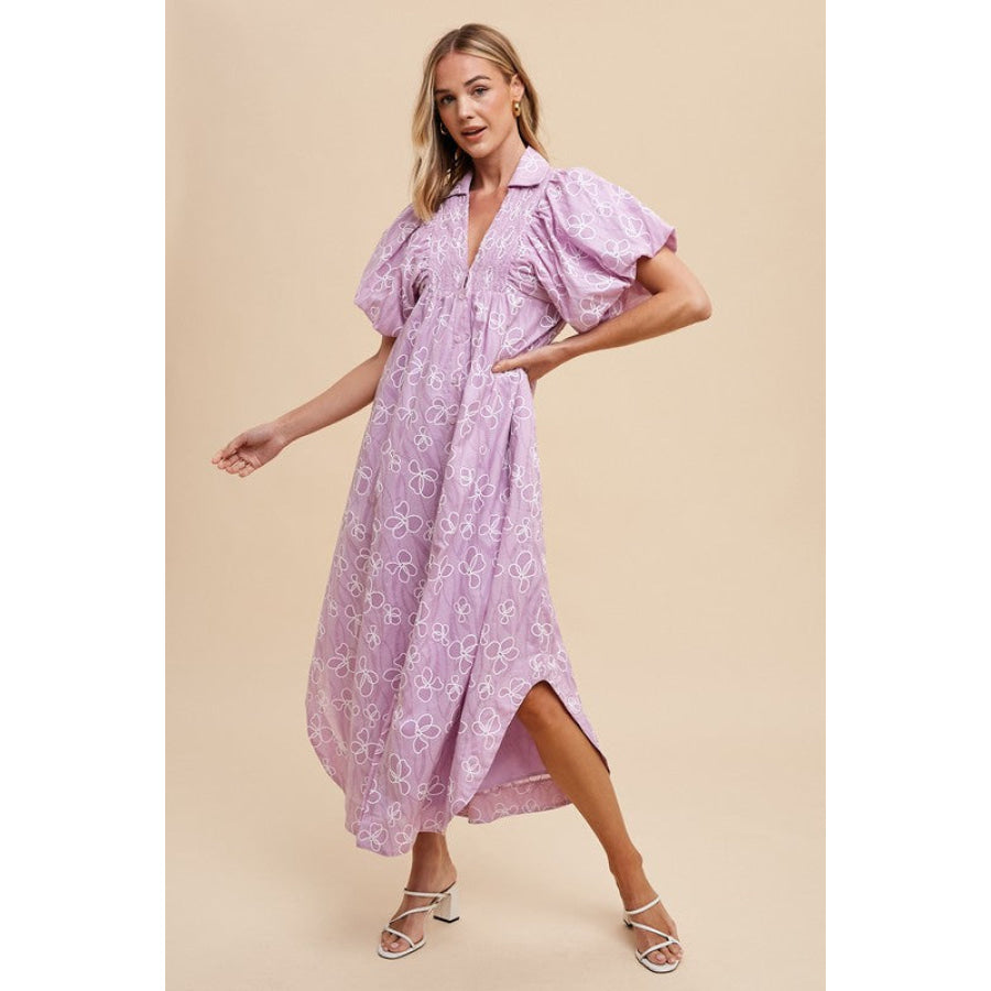 Annie Wear Floral Smock Detail Puff Sleeve Dress Pink Purple / S Apparel and Accessories