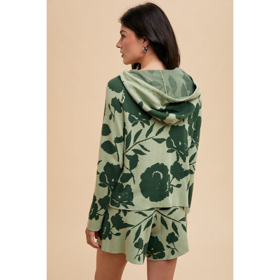Annie Wear Flower Pattern Drawstring Hooded Top and Shorts Sweater Set Green combo / S Apparel and Accessories