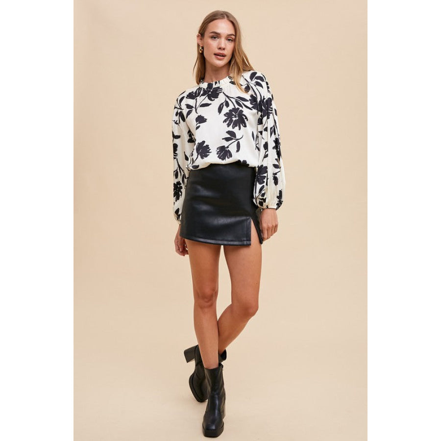 Annie Wear Frill Printed Balloon Sleeve Blouse Apparel and Accessories