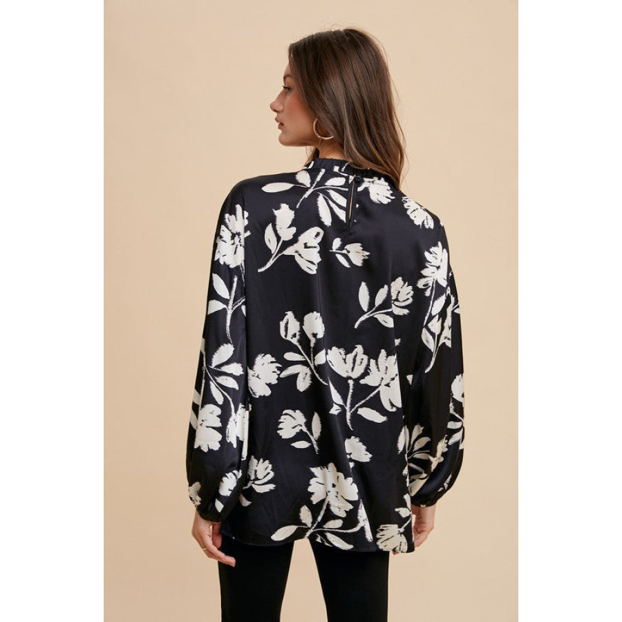 Annie Wear Frill Printed Balloon Sleeve Blouse Apparel and Accessories