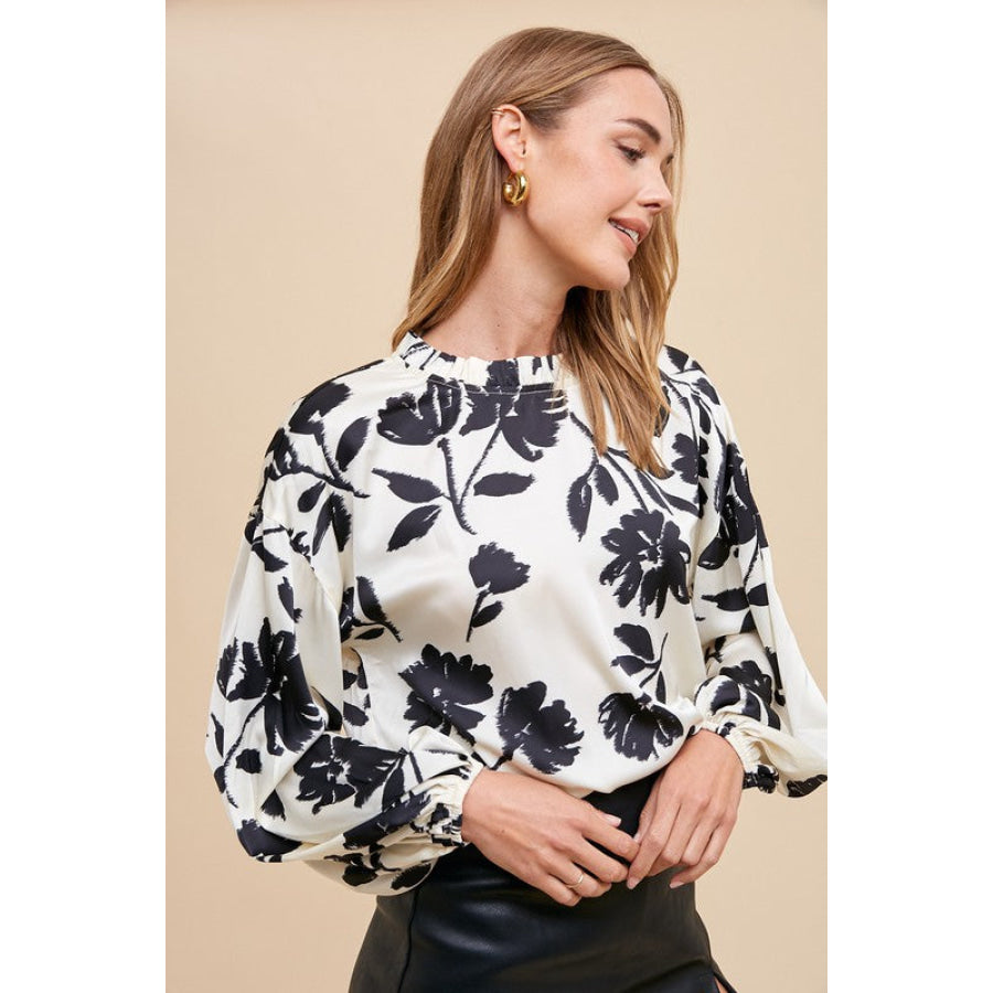 Annie Wear Frill Printed Balloon Sleeve Blouse Apparel and Accessories