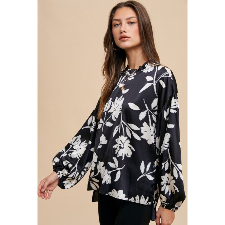 Annie Wear Frill Printed Balloon Sleeve Blouse Apparel and Accessories