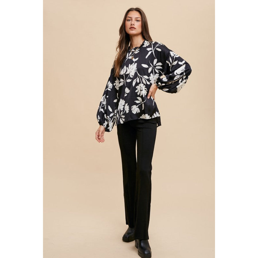 Annie Wear Frill Printed Balloon Sleeve Blouse Apparel and Accessories