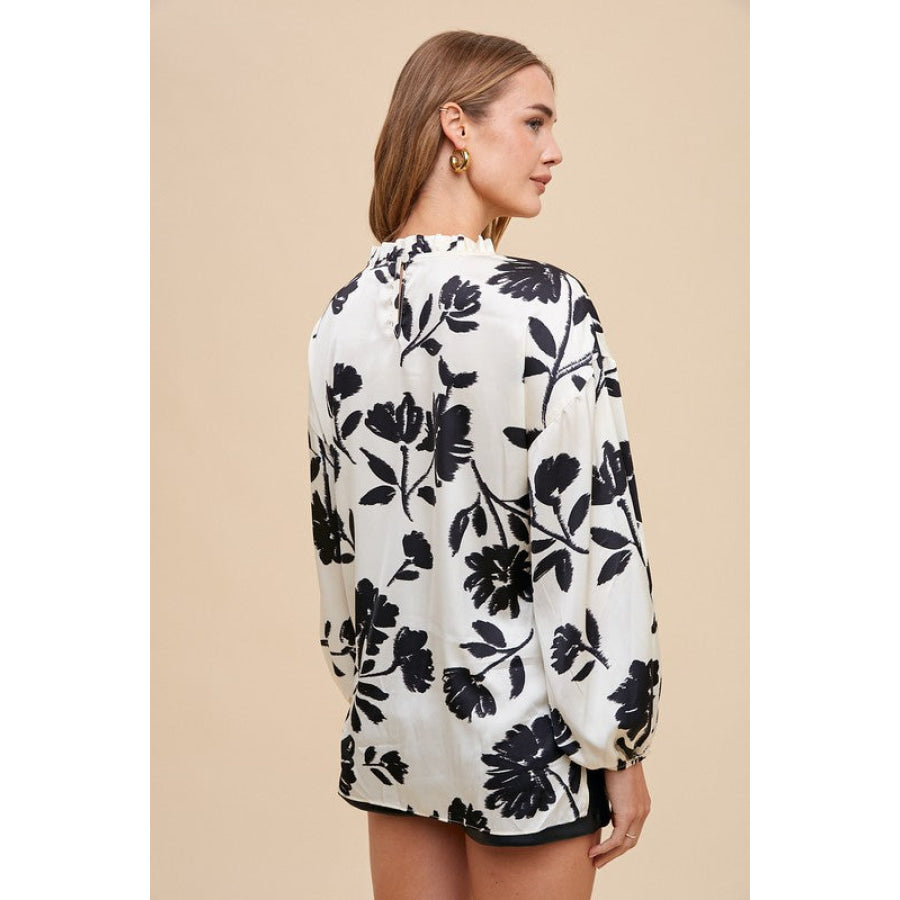 Annie Wear Frill Printed Balloon Sleeve Blouse Apparel and Accessories