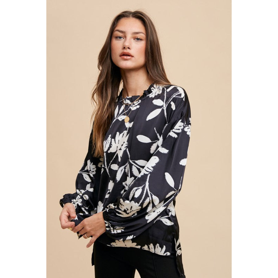 Annie Wear Frill Printed Balloon Sleeve Blouse Apparel and Accessories