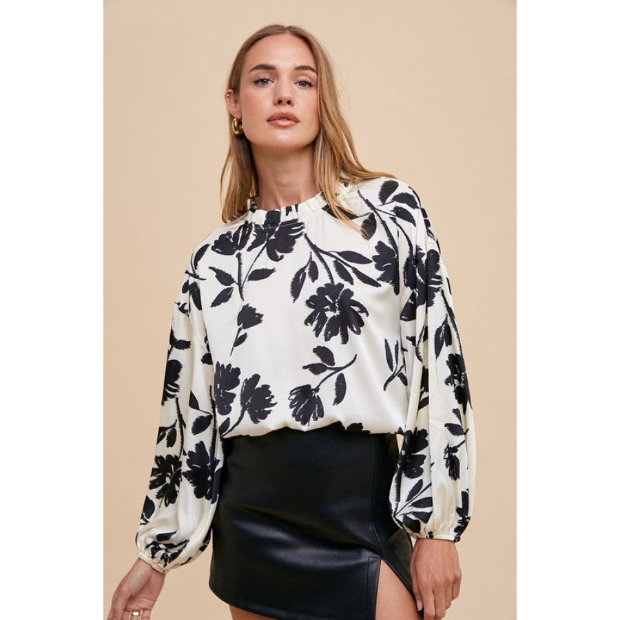 Annie Wear Frill Printed Balloon Sleeve Blouse Apparel and Accessories