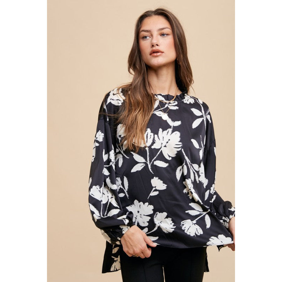 Annie Wear Frill Printed Balloon Sleeve Blouse Black / S Apparel and Accessories