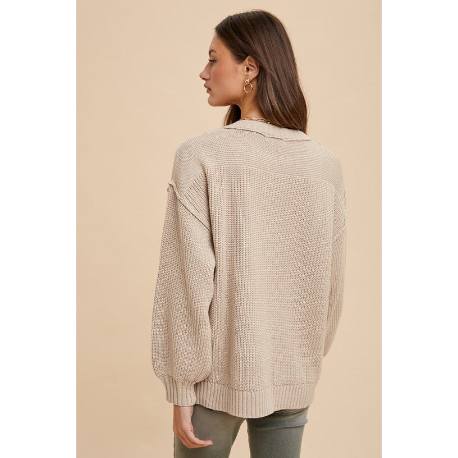 Annie Wear Half Button Ribbed Hem Sweater Apparel and Accessories