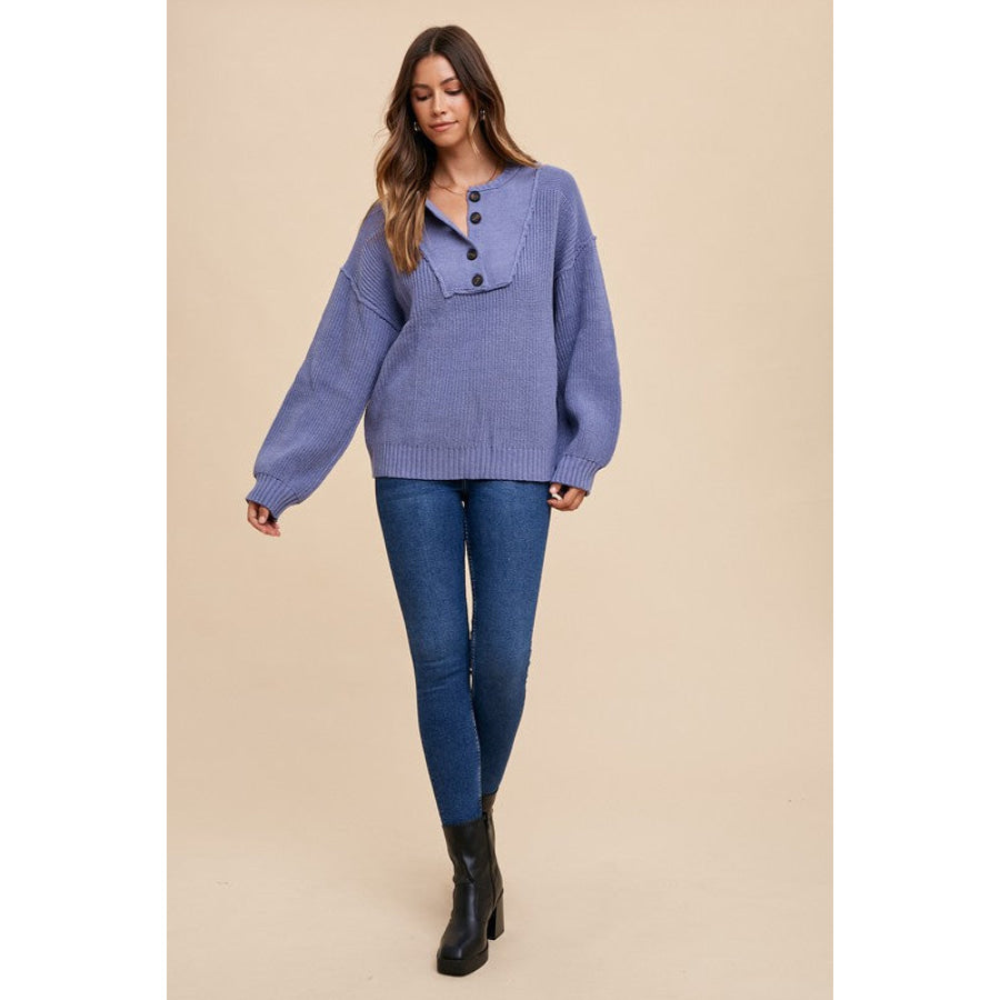 Annie Wear Half Button Ribbed Hem Sweater Apparel and Accessories