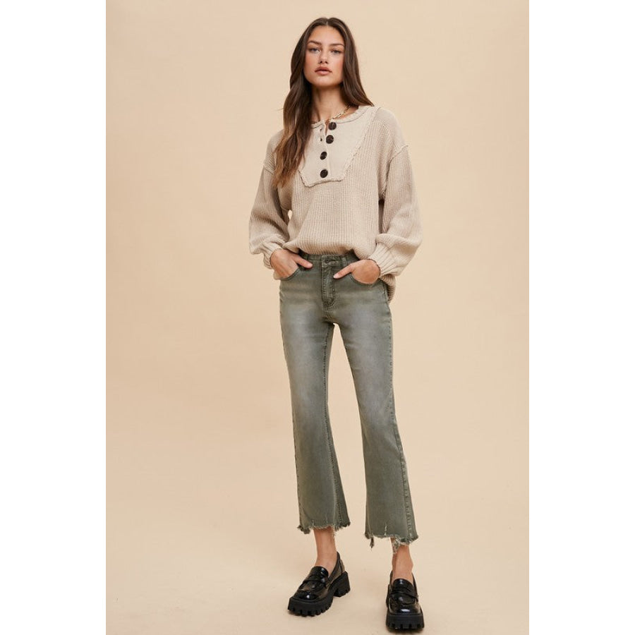 Annie Wear Half Button Ribbed Hem Sweater Apparel and Accessories