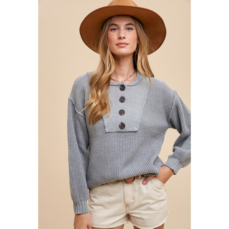 Annie Wear Half Button Ribbed Hem Sweater Apparel and Accessories