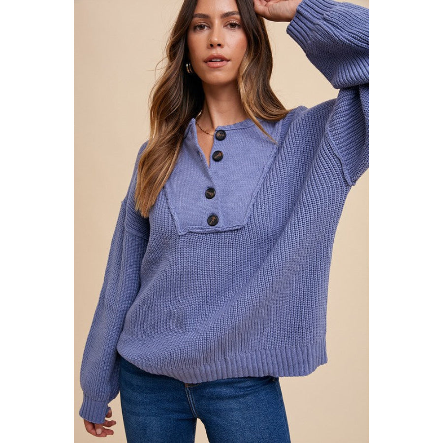 Annie Wear Half Button Ribbed Hem Sweater Apparel and Accessories