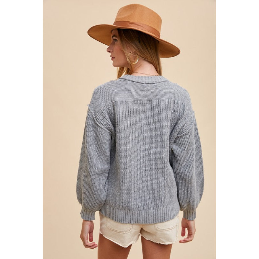 Annie Wear Half Button Ribbed Hem Sweater Apparel and Accessories