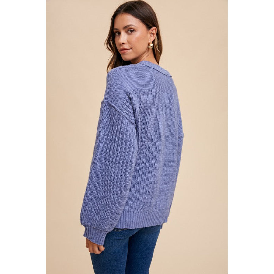 Annie Wear Half Button Ribbed Hem Sweater Apparel and Accessories