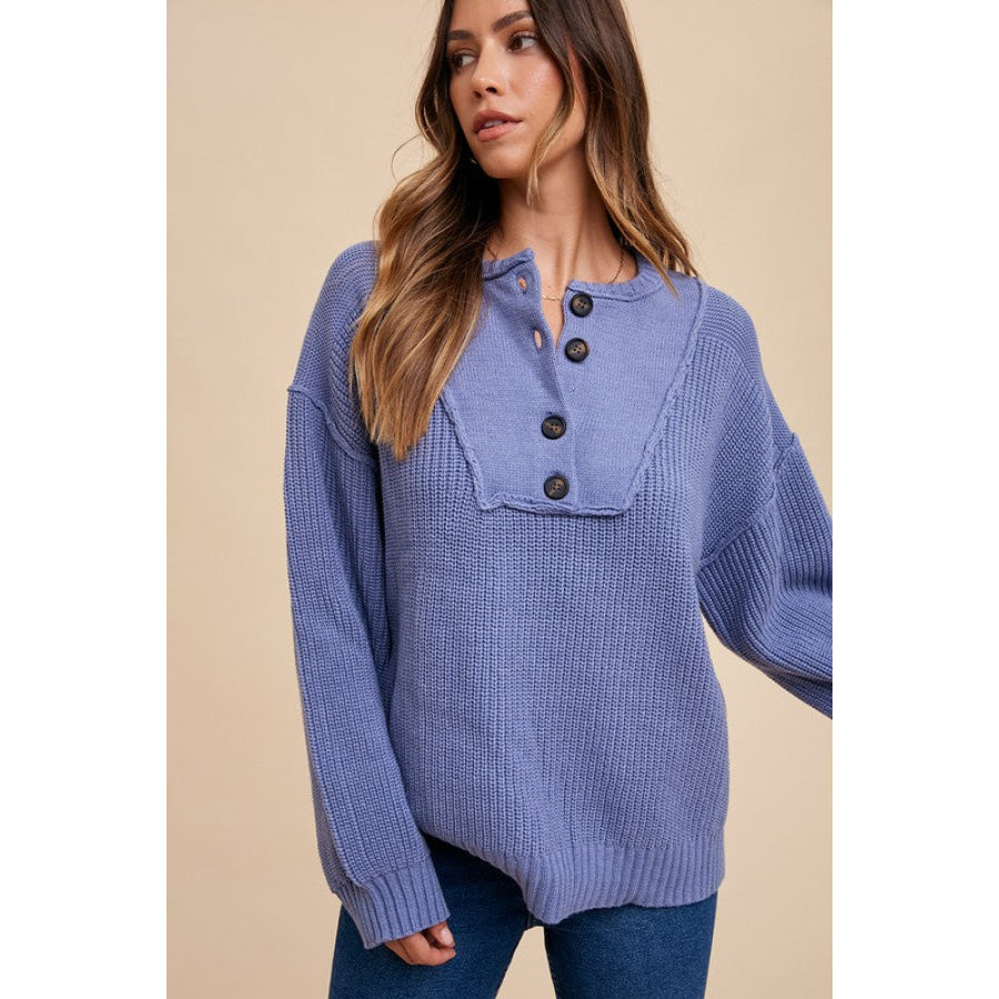 Annie Wear Half Button Ribbed Hem Sweater Apparel and Accessories