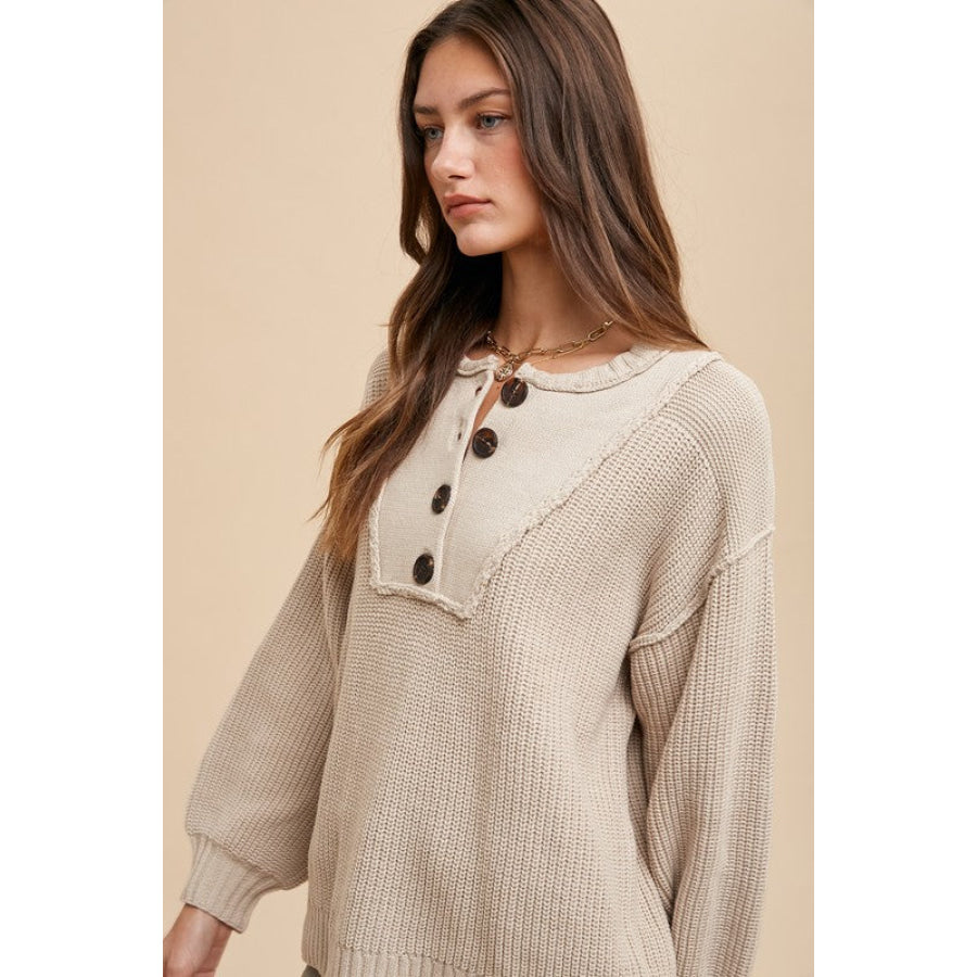 Annie Wear Half Button Ribbed Hem Sweater Apparel and Accessories