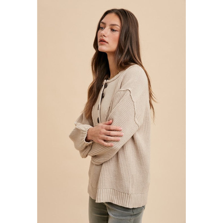 Annie Wear Half Button Ribbed Hem Sweater Apparel and Accessories