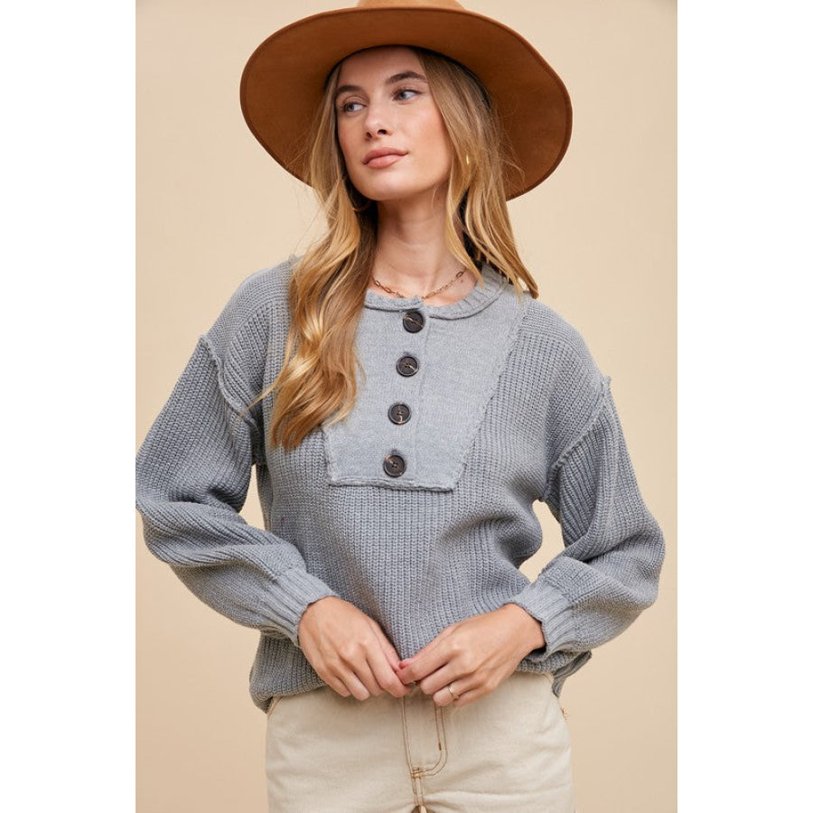 Annie Wear Half Button Ribbed Hem Sweater Gray / S Apparel and Accessories