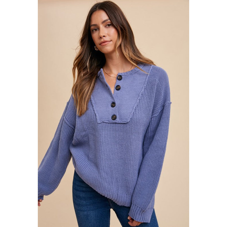 Annie Wear Half Button Ribbed Hem Sweater Light Indigo / S Apparel and Accessories