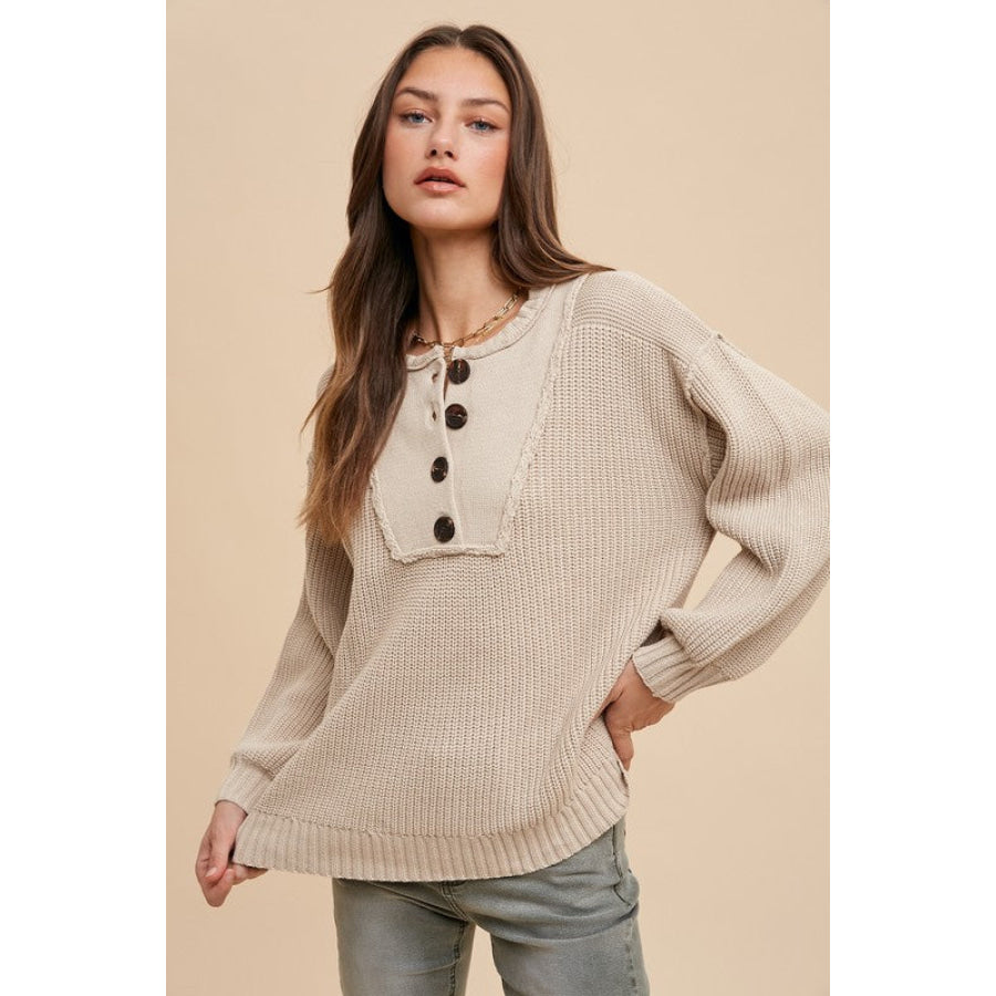 Annie Wear Half Button Ribbed Hem Sweater Oatmeal / S Apparel and Accessories