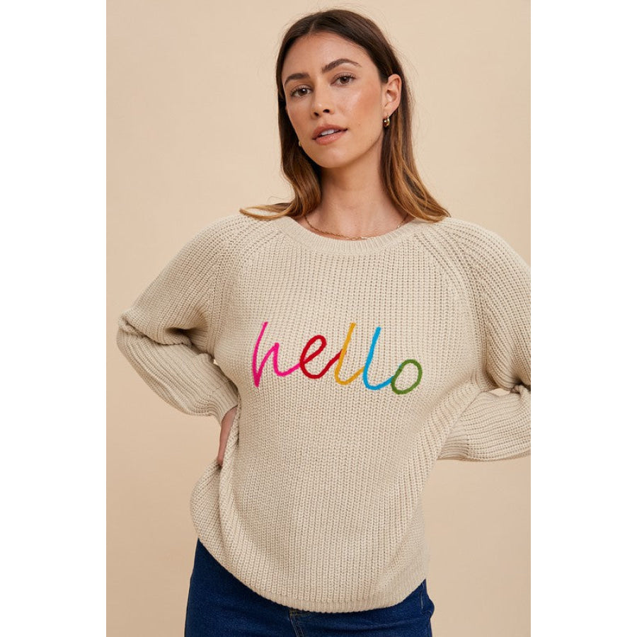 Annie Wear HELLO Embroidered Raglan Sleeve Sweater Apparel and Accessories