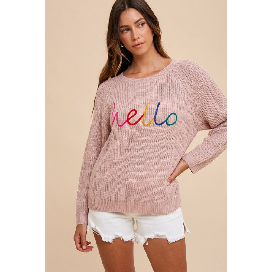 Annie Wear HELLO Embroidered Raglan Sleeve Sweater Apparel and Accessories