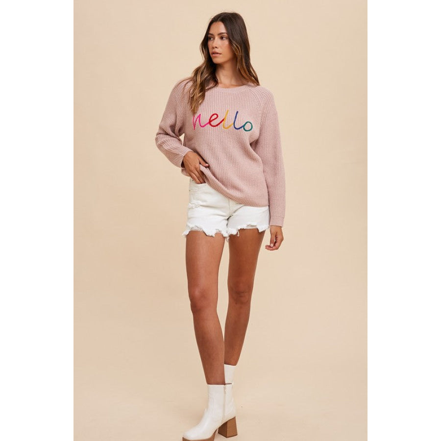 Annie Wear HELLO Embroidered Raglan Sleeve Sweater Apparel and Accessories