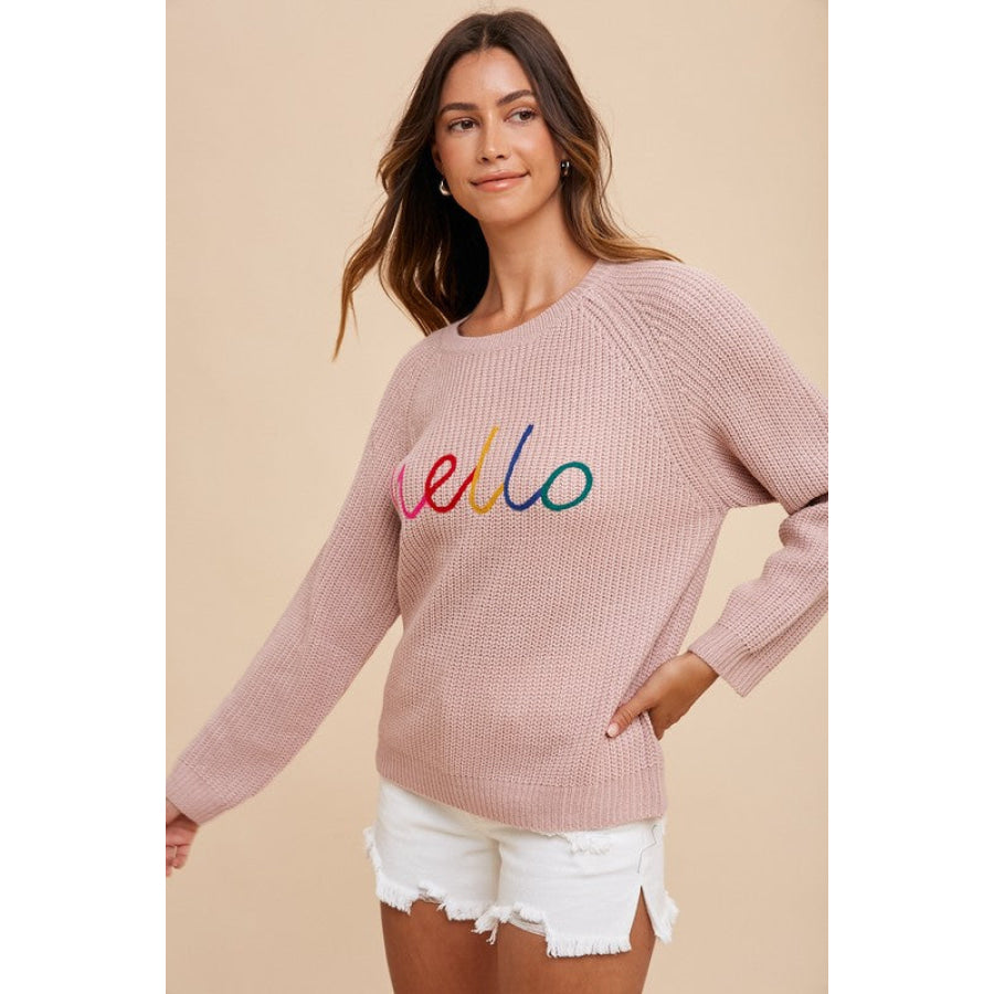 Annie Wear HELLO Embroidered Raglan Sleeve Sweater Apparel and Accessories