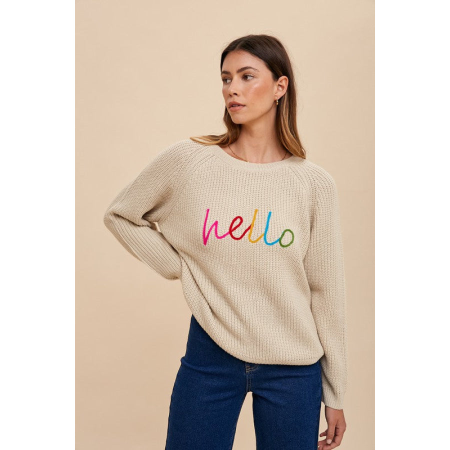 Annie Wear HELLO Embroidered Raglan Sleeve Sweater Apparel and Accessories