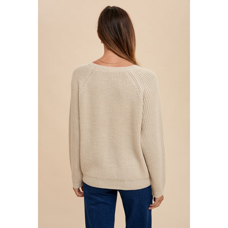 Annie Wear HELLO Embroidered Raglan Sleeve Sweater Apparel and Accessories