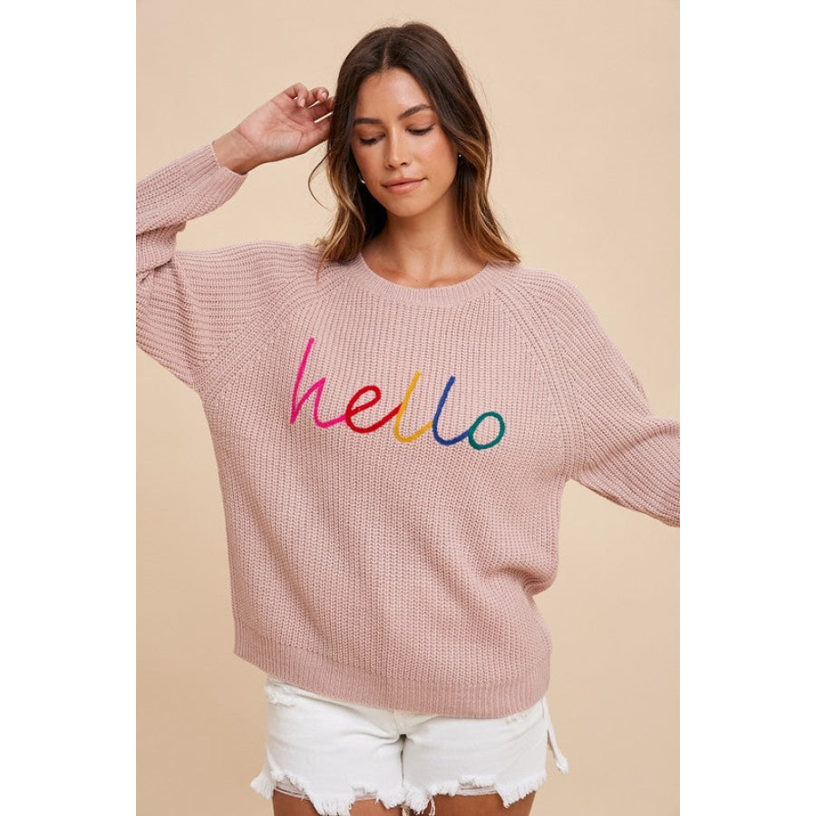 Annie Wear HELLO Embroidered Raglan Sleeve Sweater Mauve / S Apparel and Accessories