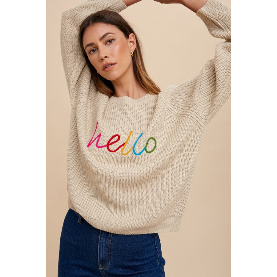 Annie Wear HELLO Embroidered Raglan Sleeve Sweater Oatmeal / S Apparel and Accessories