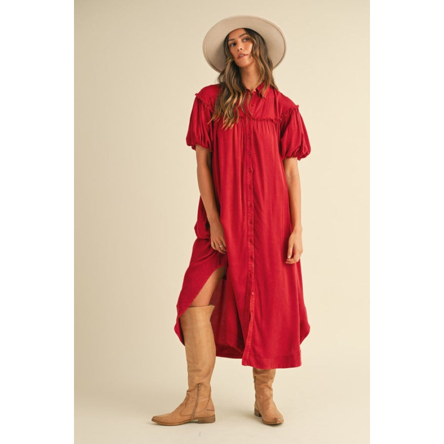 Annie Wear Mineral Washed Button Down Puff Sleeve Shirt Dress Apparel and Accessories