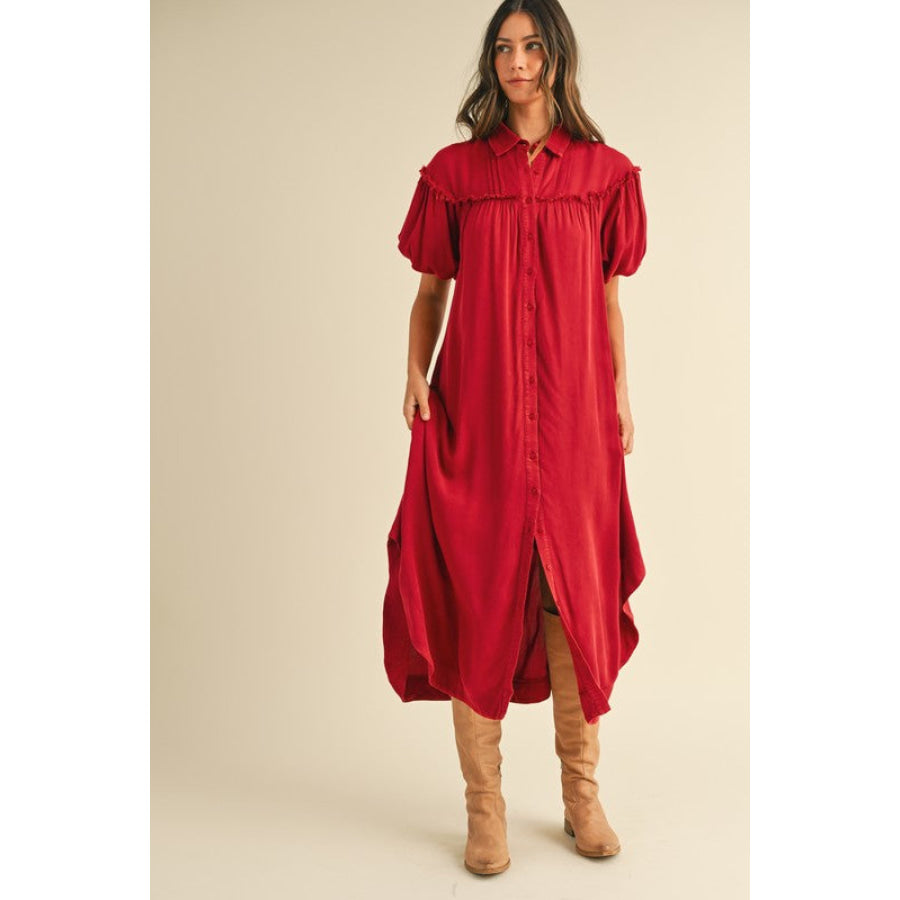 Annie Wear Mineral Washed Button Down Puff Sleeve Shirt Dress Apparel and Accessories