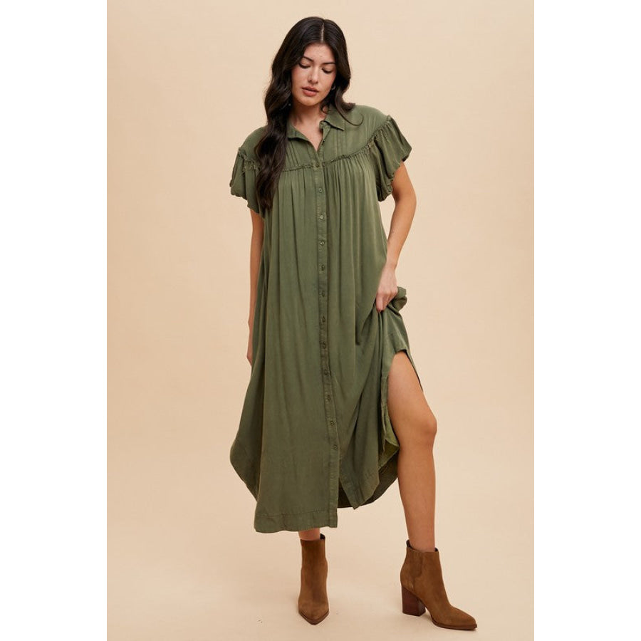 Annie Wear Mineral Washed Button Down Puff Sleeve Shirt Dress Apparel and Accessories