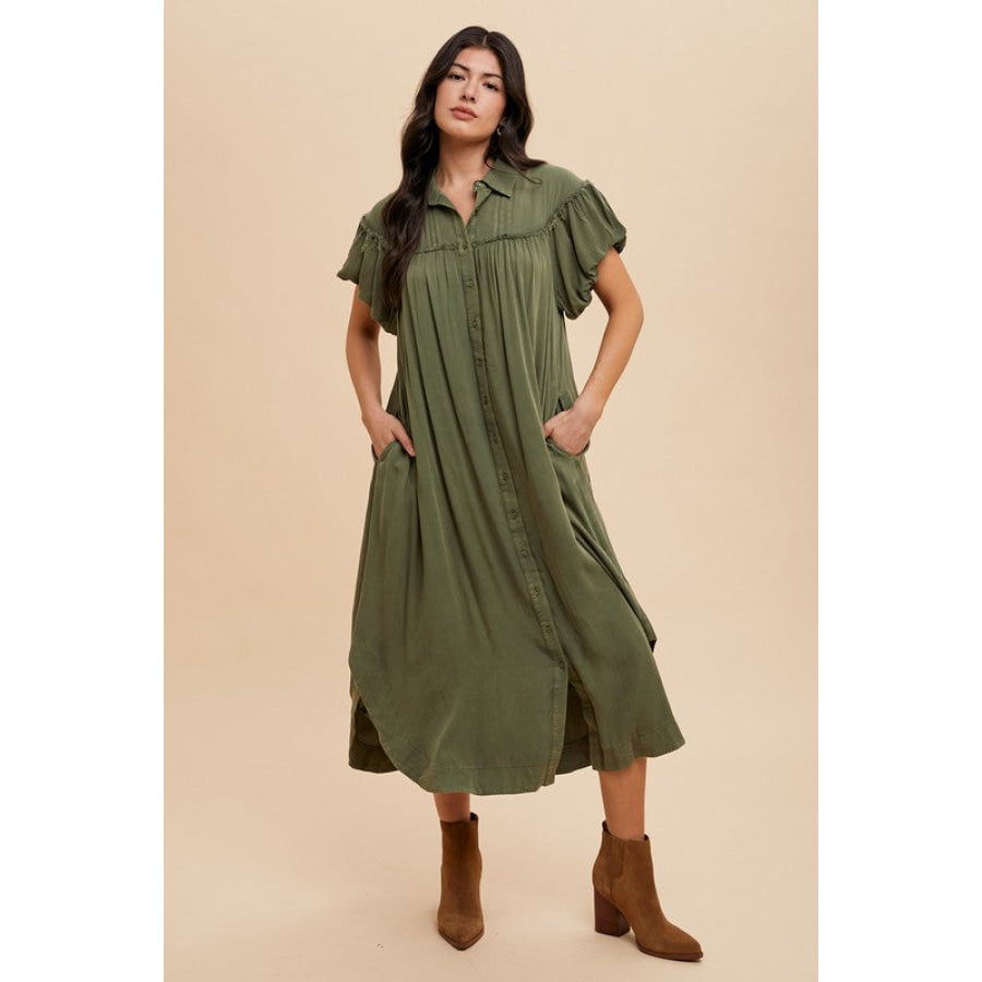 Annie Wear Mineral Washed Button Down Puff Sleeve Shirt Dress Apparel and Accessories