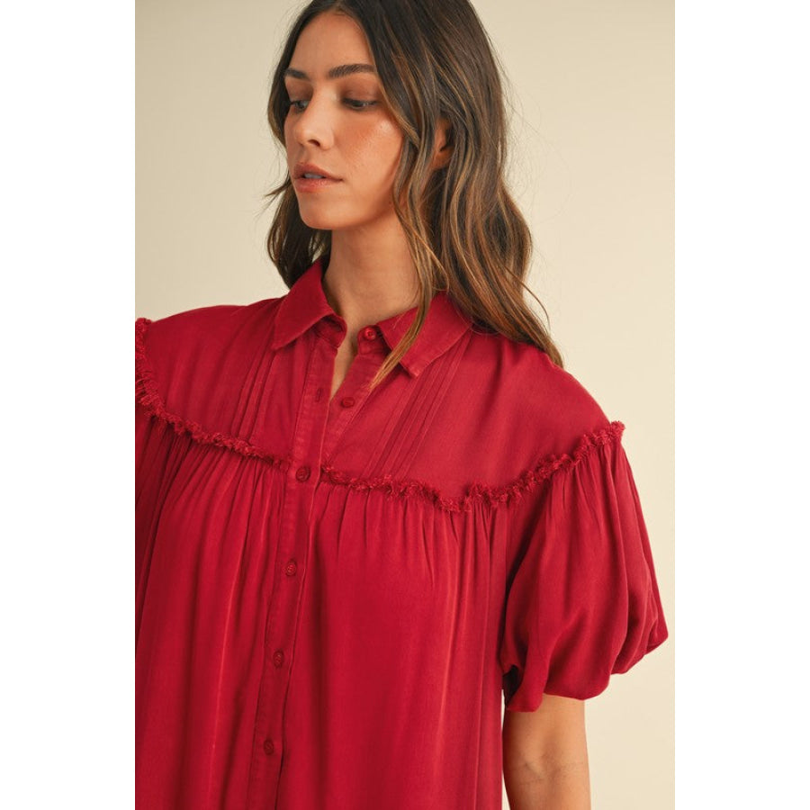 Annie Wear Mineral Washed Button Down Puff Sleeve Shirt Dress Apparel and Accessories